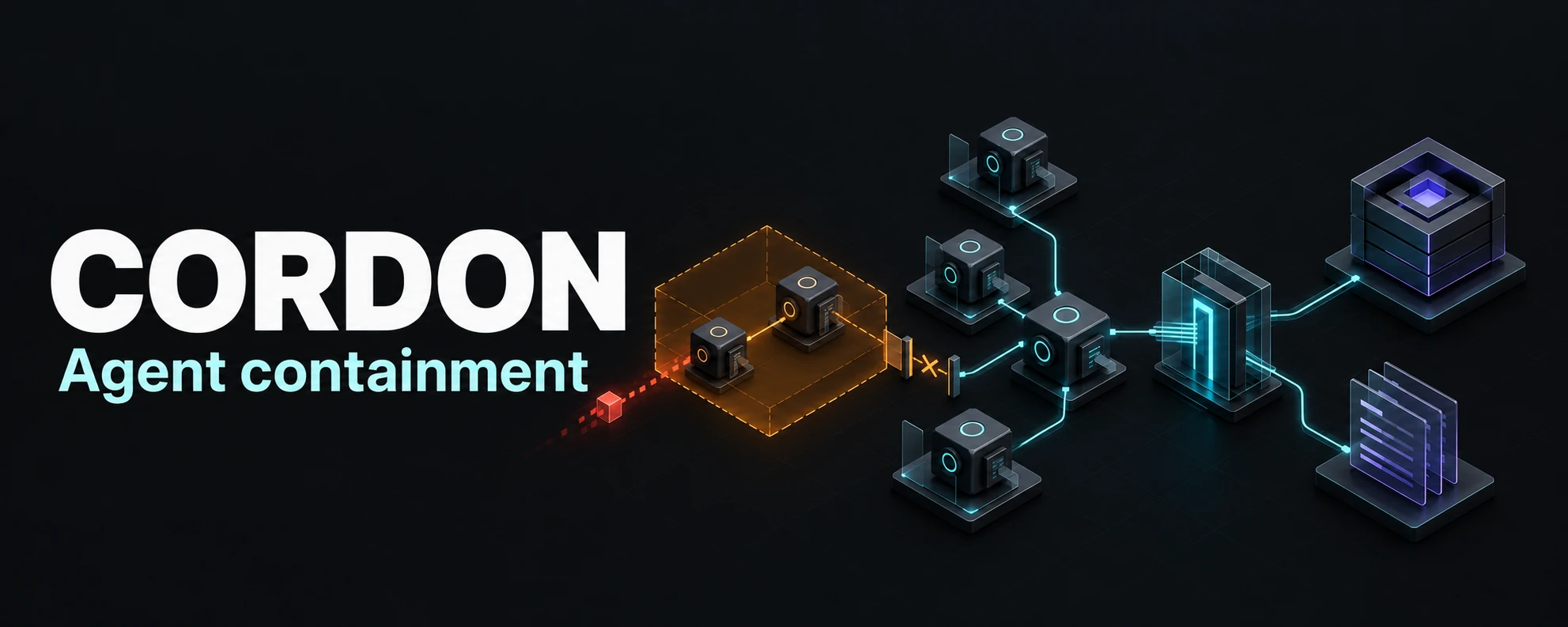 CORDON — Agent containment. Conceptual illustration of a reference-monitor boundary, quarantined amber agents, a protected credential vault and audit records.