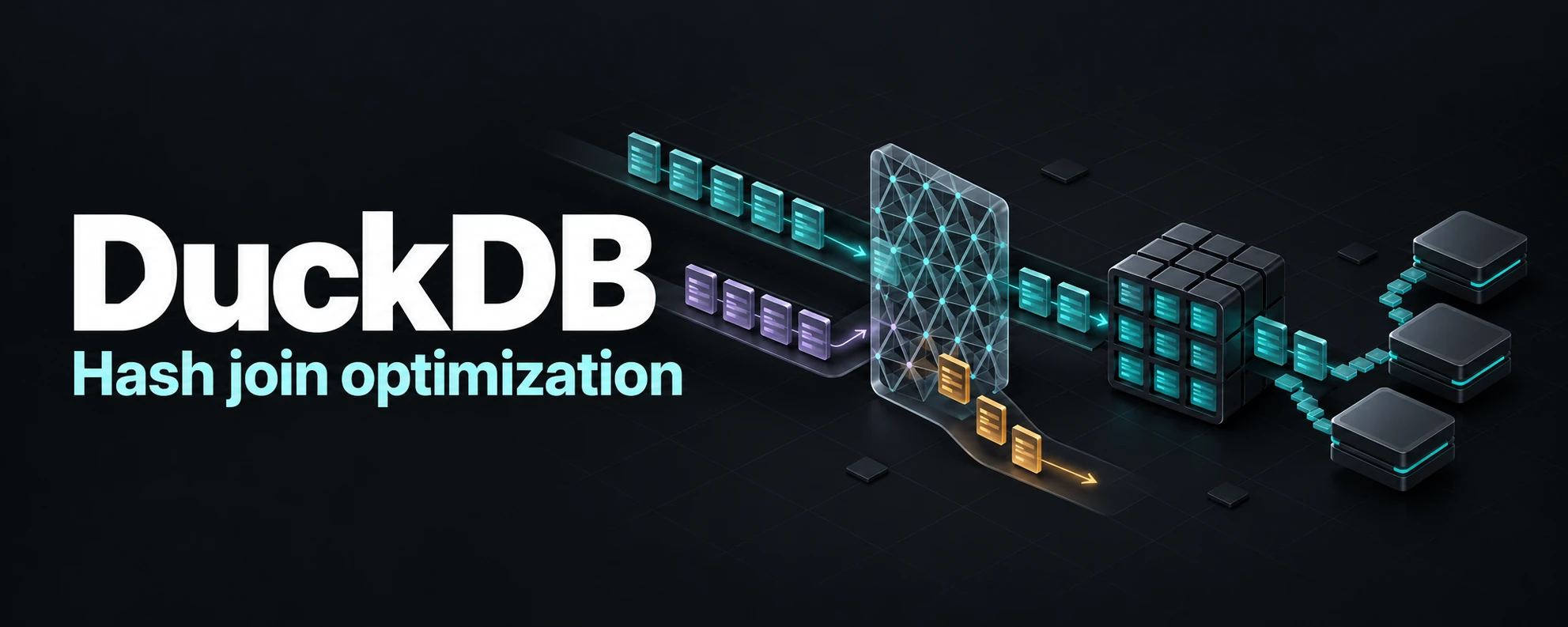 DuckDB — Hash join optimization. Conceptual illustration of data passing through a Bloom filter, prefetched cache blocks and a hash join.