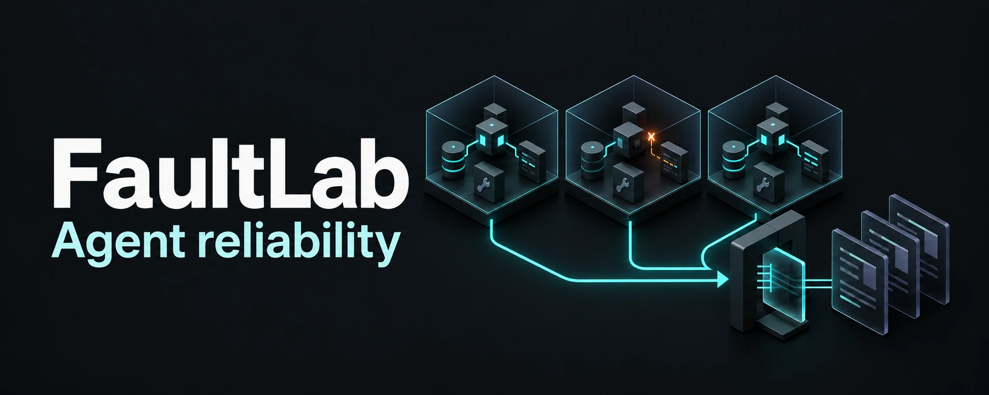 FaultLab — Agent reliability. Conceptual illustration of isolated test worlds, an amber tool fault and a teal gate leading to evidence records.