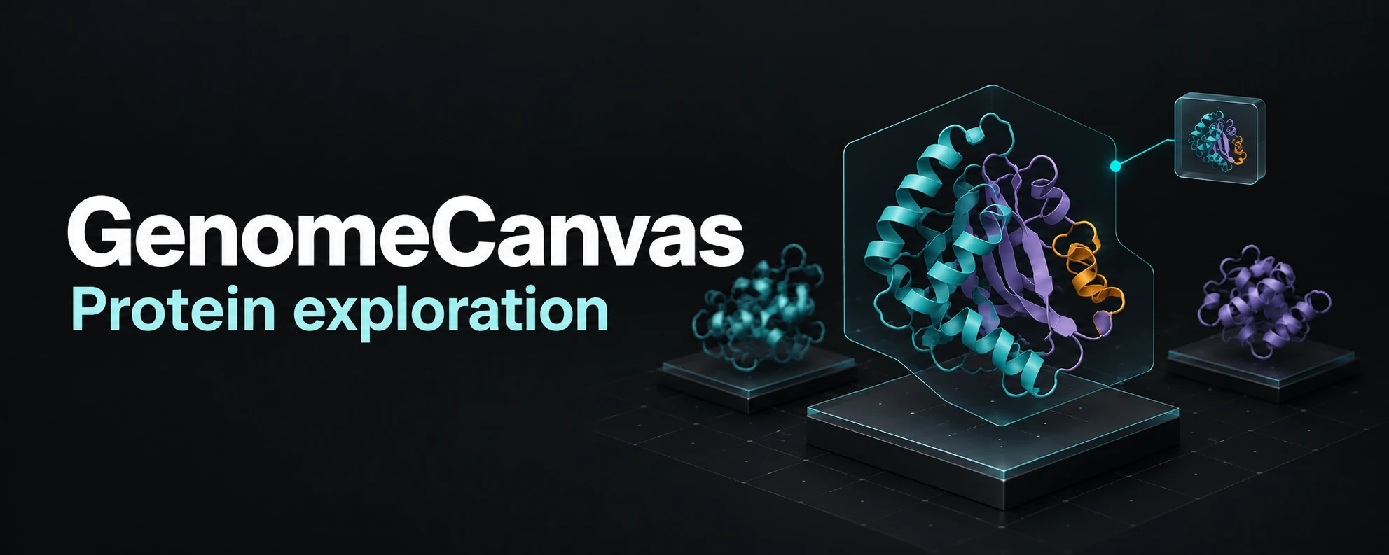 GenomeCanvas — Protein exploration. Conceptual illustration of protein ribbons explored in a 3D scene, with shading representing structure confidence.