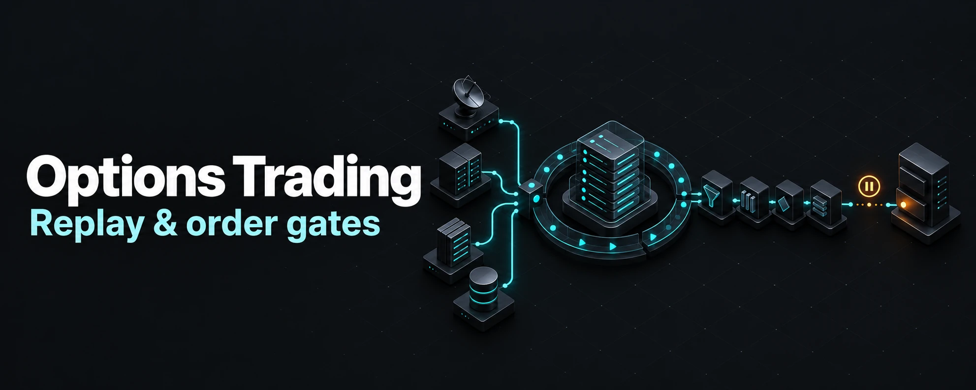 Options Trading — Replay & order gates. Conceptual illustration of a market feed, replay ledger and order gates with the broker path paused.